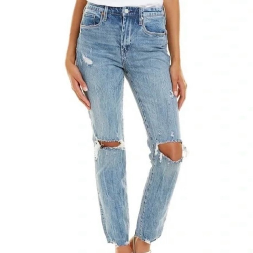 Blank NYC Lafayette High Rise Straight Jeans Knee Rips Raw Hem 29